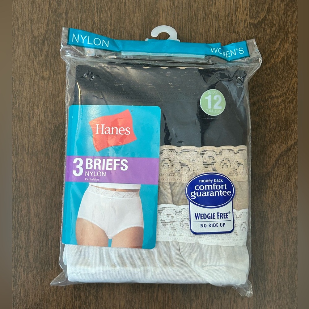 NIP HANES NYLON BRIEFS LACE WAIST COTTON LINER 3 PACK WOMEN'S S1ZE 12